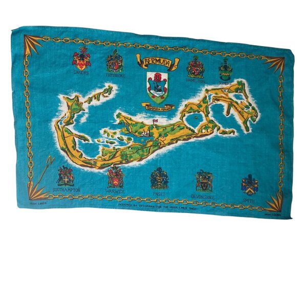 Vintage Irish Linen Bermuda Map Tea Towel Crests By Decorama Made in Ireland - Picture 7 of 9